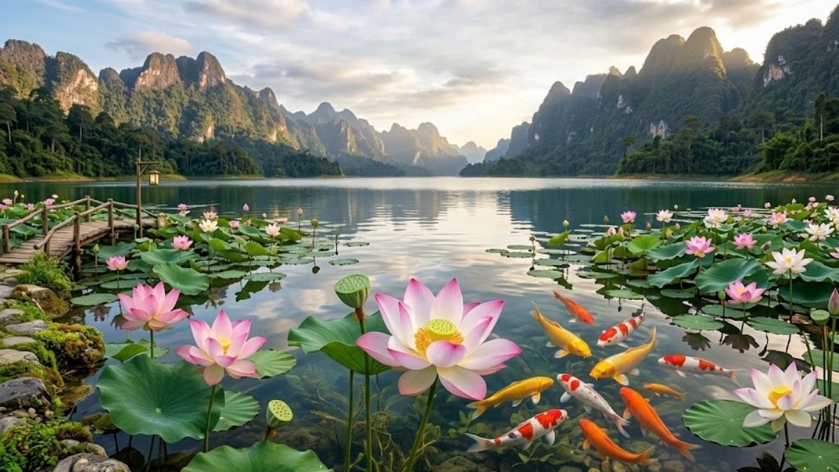 Hình nền cá chép hoa sen phong cảnh nên thơ