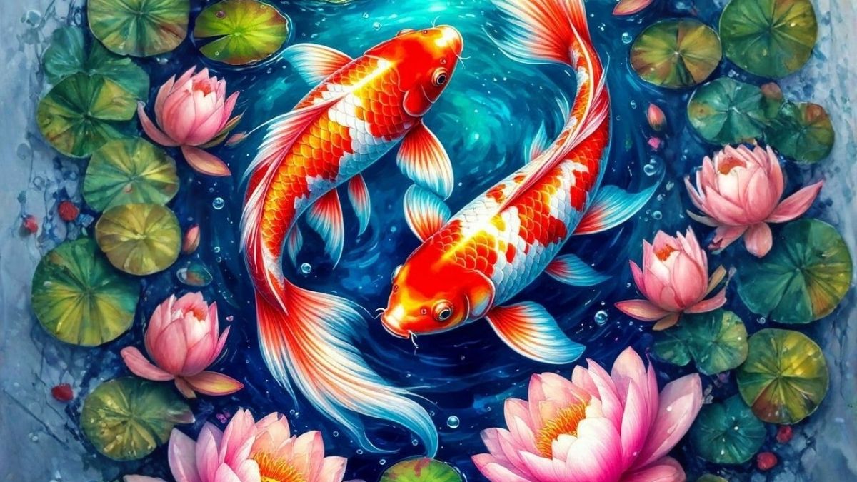 Hình nền cá chép hoa sen - Đôi cá chép may mắ