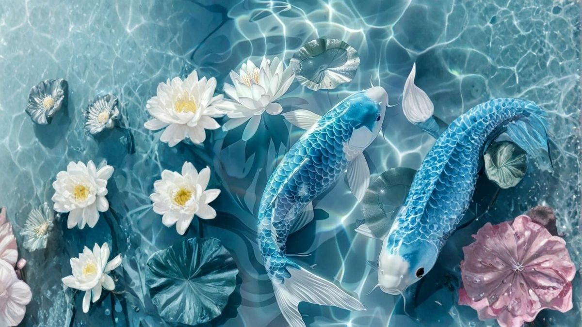 Hình nền cá chép hoa sen màu xanh