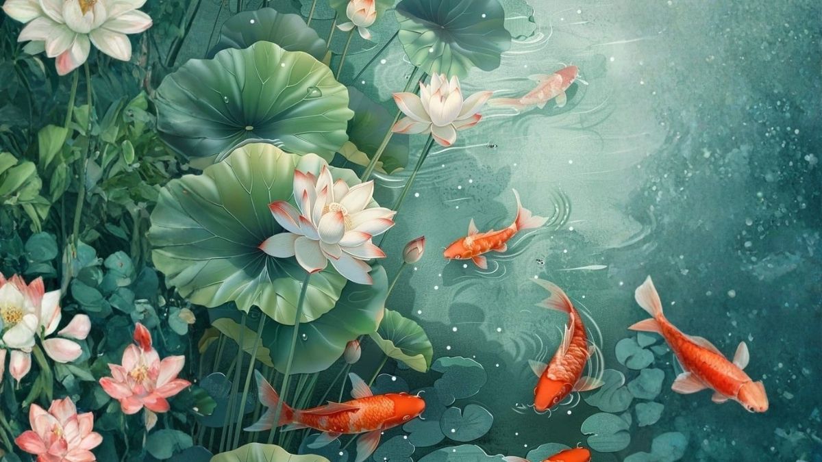 Hình nền cá chép hoa sen tone màu xanh