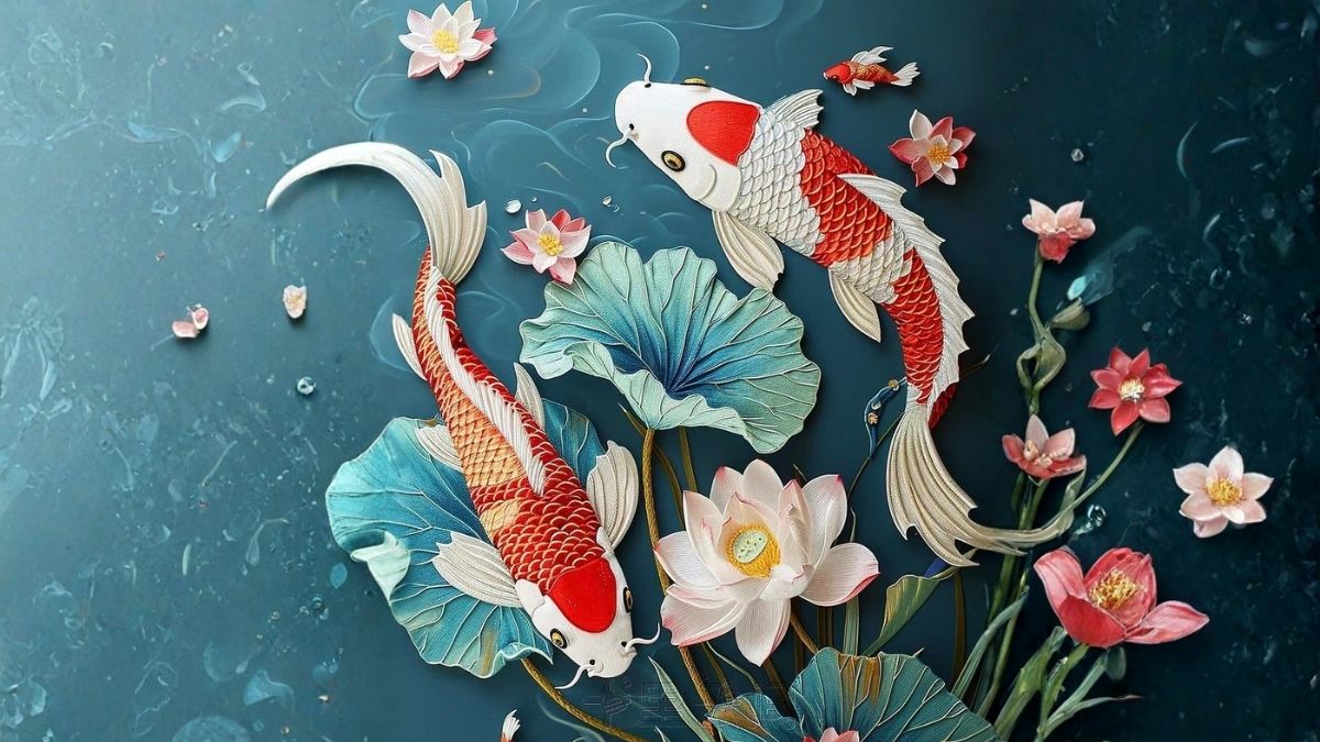 Hình nền cá chép hoa sen tranh vẽ