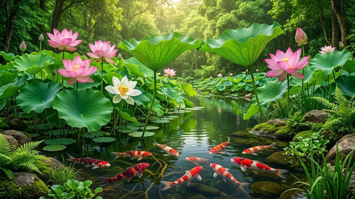 Hình nền cá chép hoa sen tone màu xanh cho mệnh Mộc