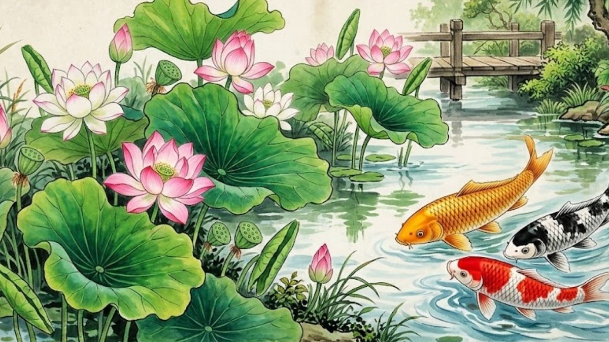 Hình nền cá chép hoa sen cho máy tính người mệnh Mộc