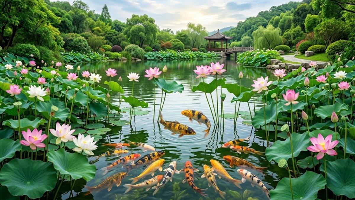 Hình nền cá chép hoa sen phù hợp mệnh Mộc