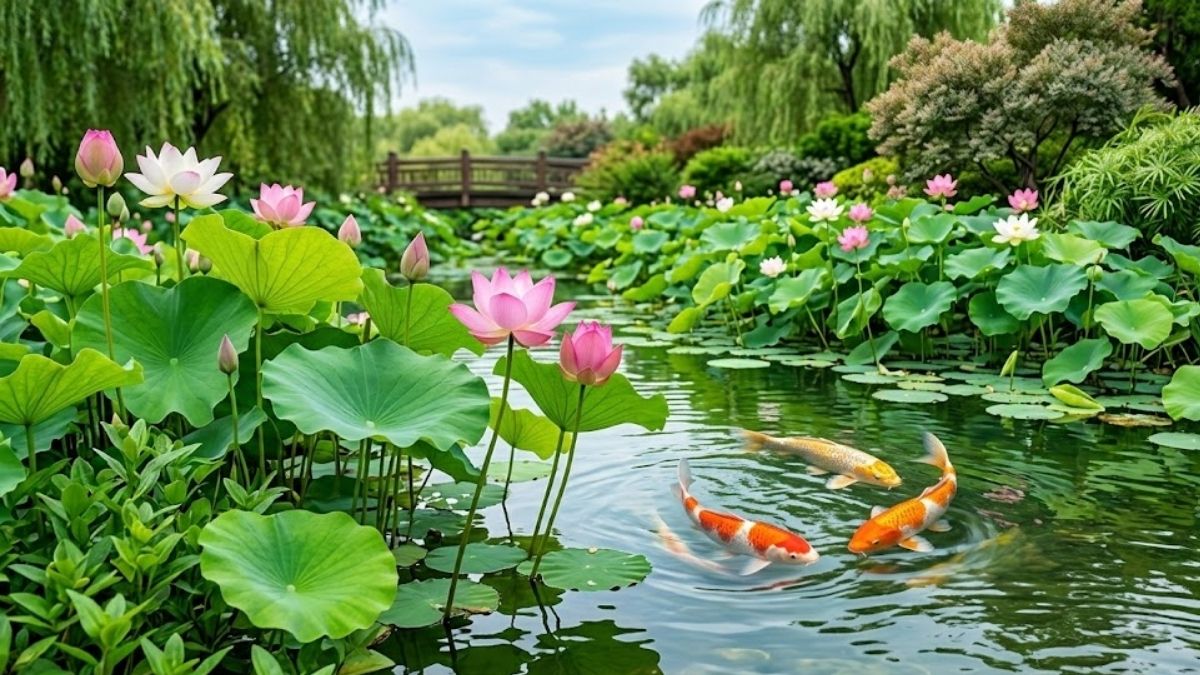 Hình nền cá chép hoa sen mệnh Mộc ấn tượng