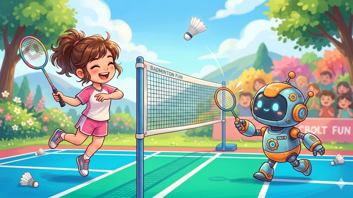 Hình nền cầu lông con người chơi cùng robot