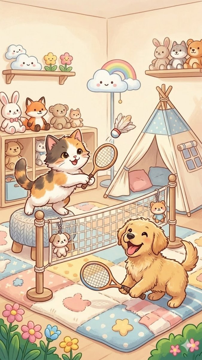 Hình nền cầu lông - Chó và mèo chơi cùng nhau