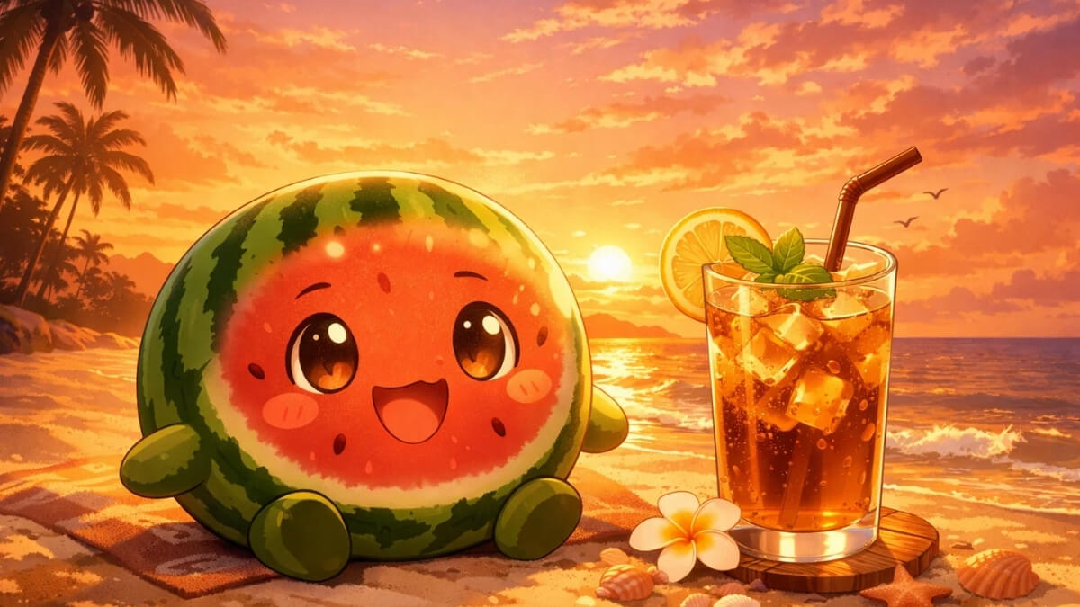 Hình nền quả dưa hấu cute tại bãi biển