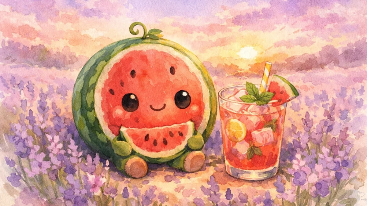 Hình nền quả dưa hấu cute ngồi giữa vườn hoa