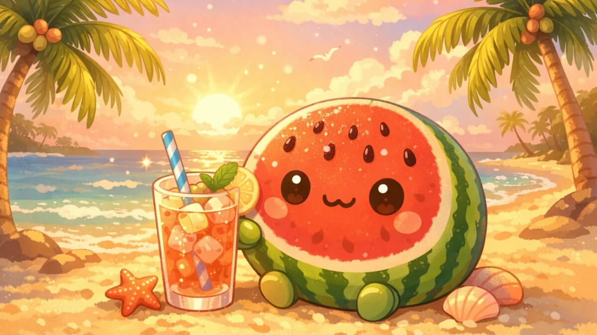 Hình nền quả dưa hấu cute ngắm biển hoàng hôn