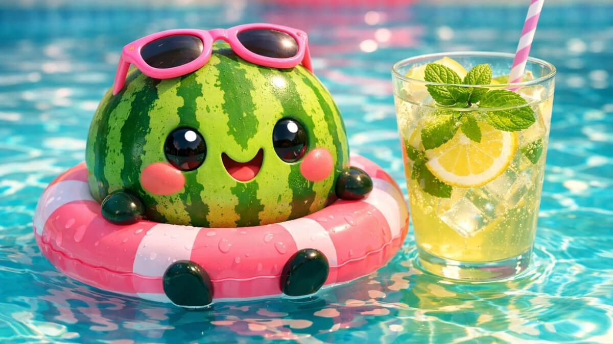 Hình nền quả dưa hấu cute bơi lội mát lạnh