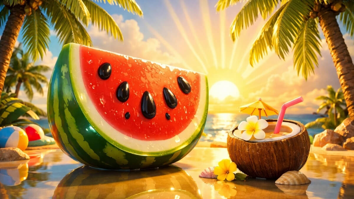 Hình nền miếng dưa hấu cute dưới hoàng hôn nhiệt đới