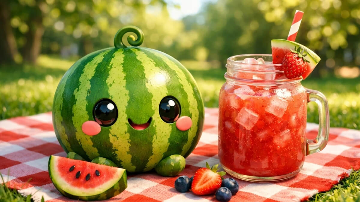 Hình nền quả dưa hấu cute với ly nước ép mát lạnh