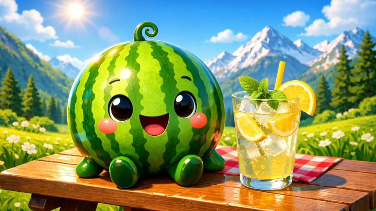 Hình nền quả dưa hấu cute với núi xanh