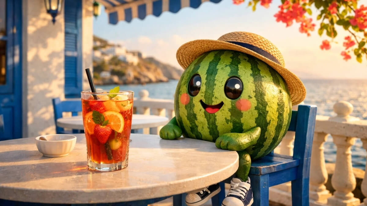 Hình nền quả dưa hấu cute ở quán cà phê biển