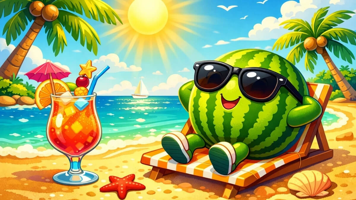 Hình nền quả dưa hấu cute bên bãi biển