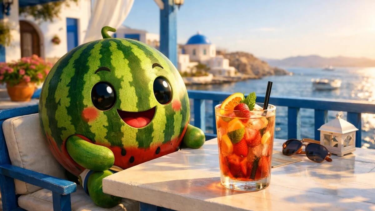 Hình nền quả dưa hấu cute ngồi ngắm cảnh