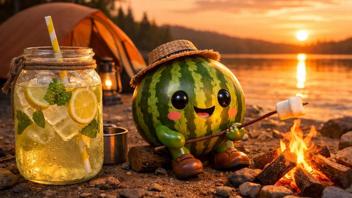 Hình nền quả dưa hấu cute đang cắm trại