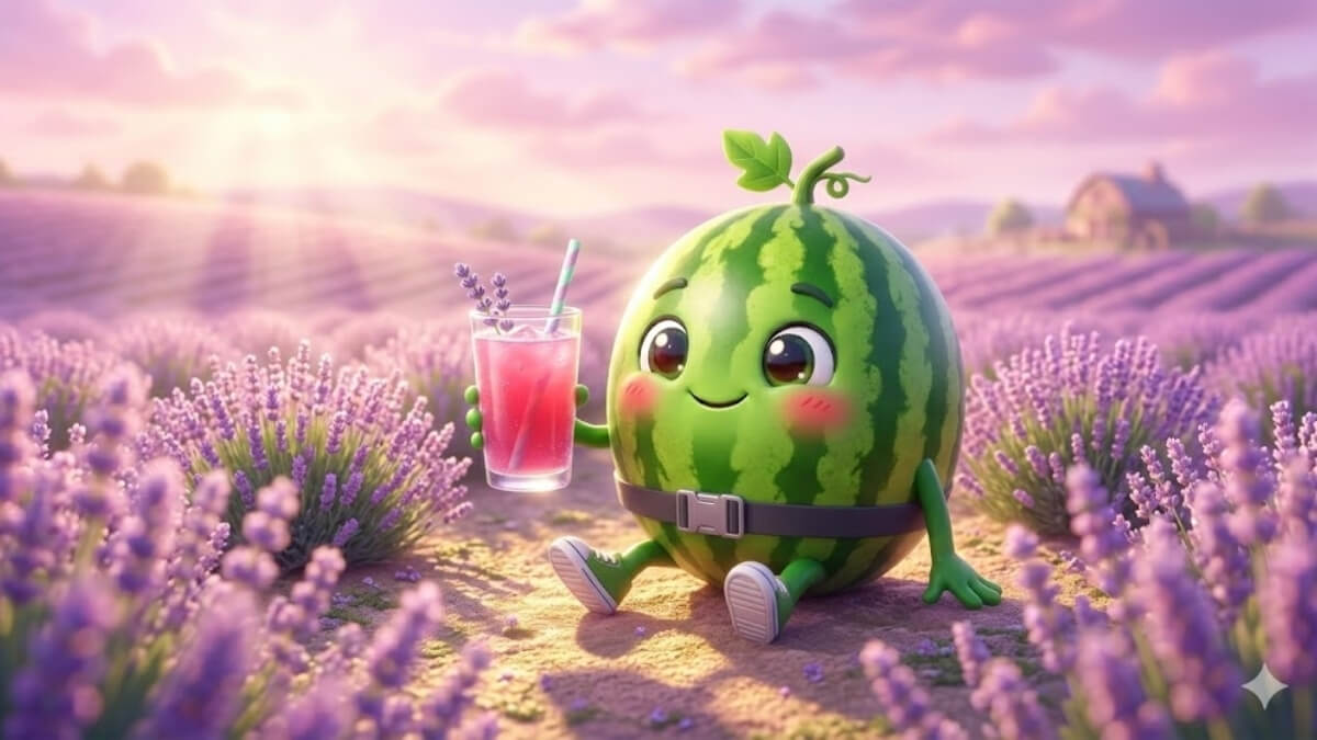 Hình nền quả dưa hấu cute giữa vườn hoa đầy sắc tím