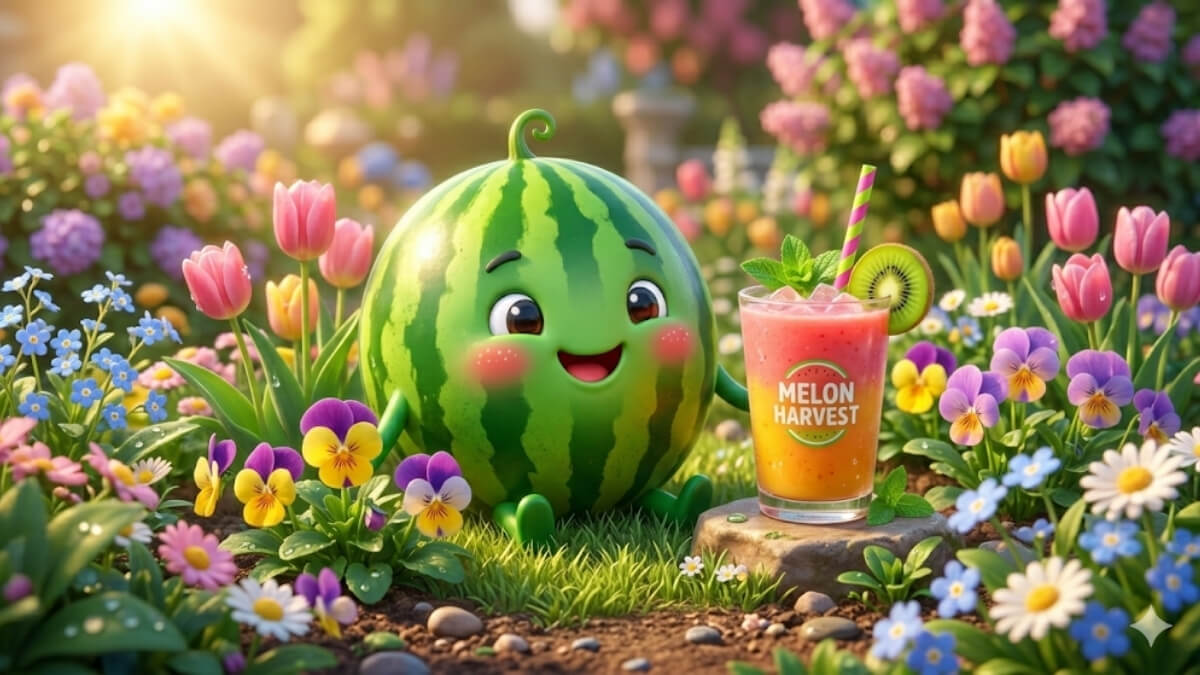 Hình nền quả dưa hấu cute chill giữa vườn hoa
