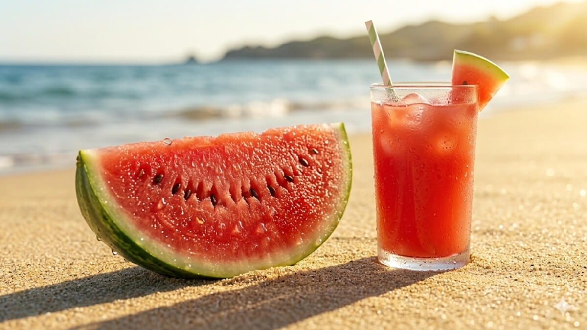 Hình nền dưa hấu siêu cute mát lạnh trên bãi biển