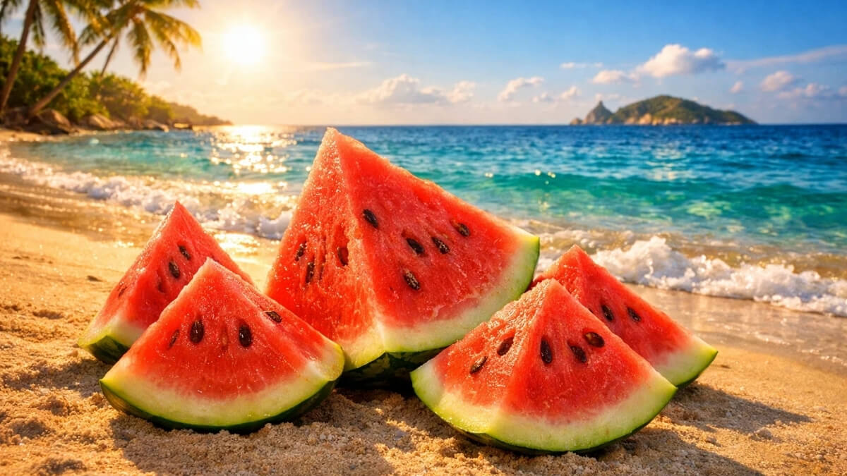 Hình nền quả dưa hấu cute bên bãi biển chill