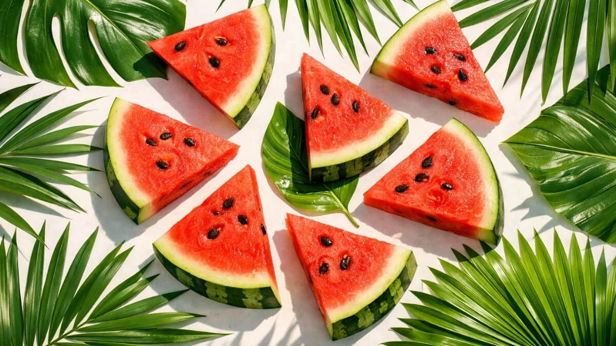Hình nền quả dưa hấu cute và lá cây