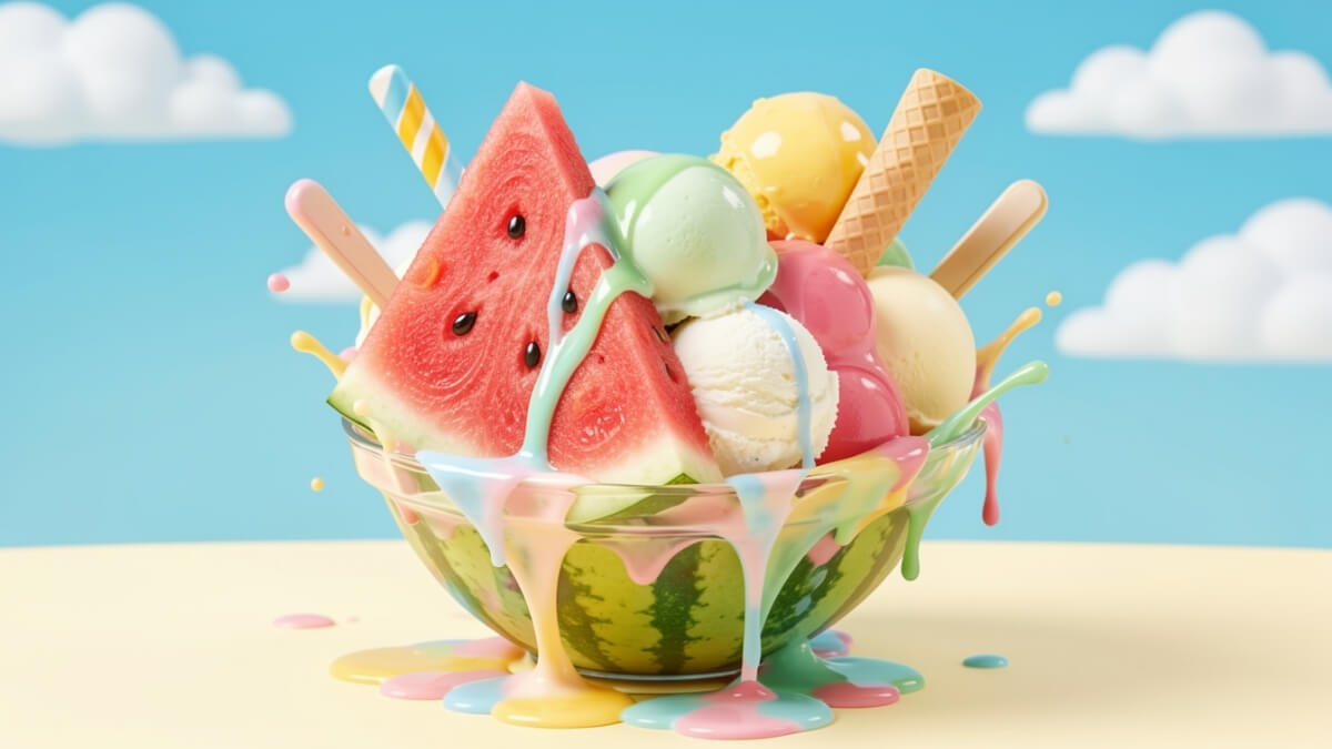 Hình nền quả dưa hấu cute và ly kem mát