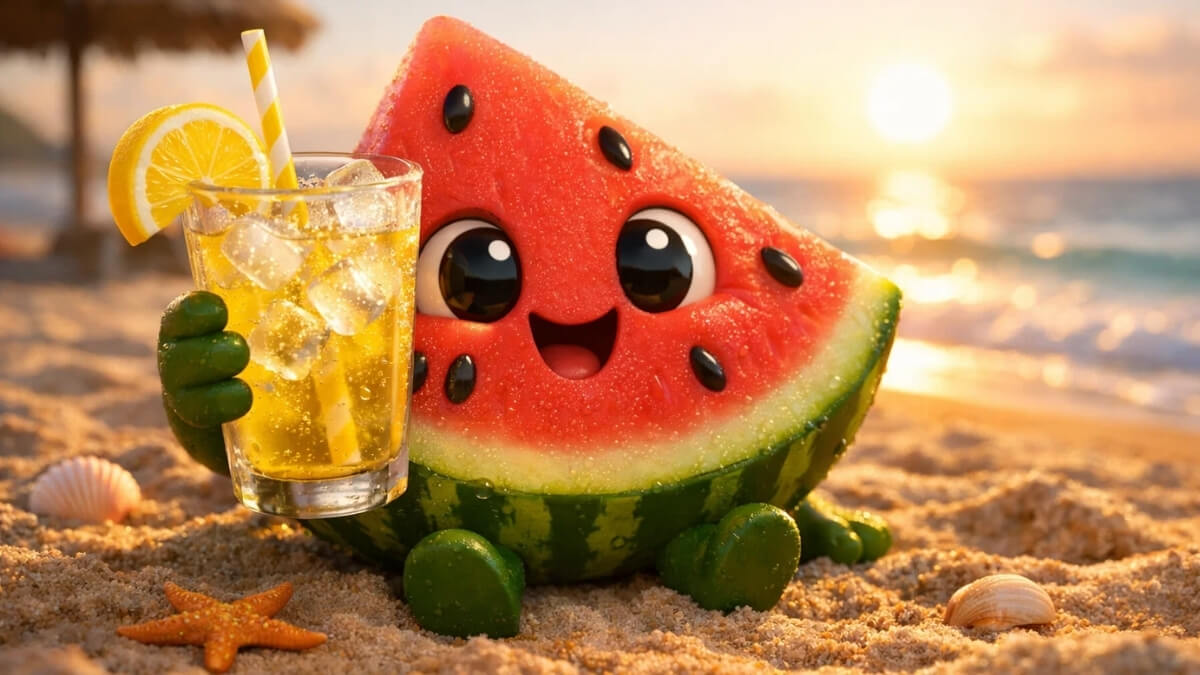 Hình nền miếng dưa hấu cute thư giãn bên bãi biển