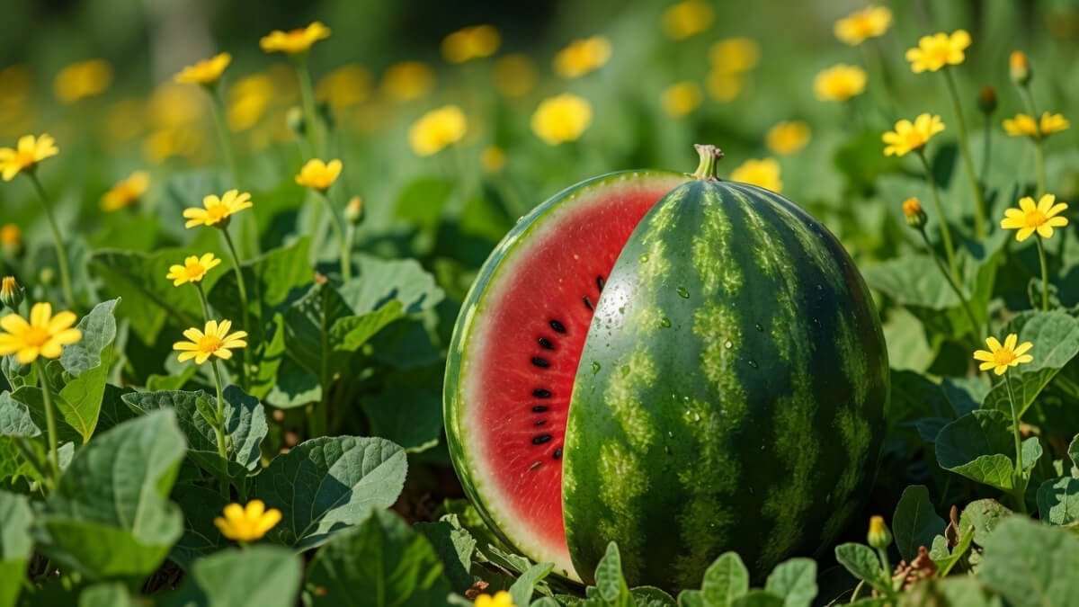 Hình nền quả dưa hấu cute giữa ruộng