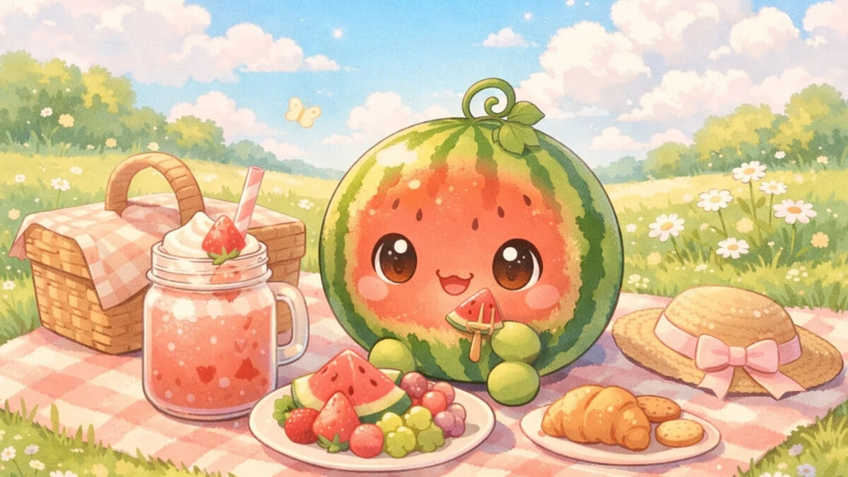 Hình nền quả dưa hấu cute đi picnic mùa hè