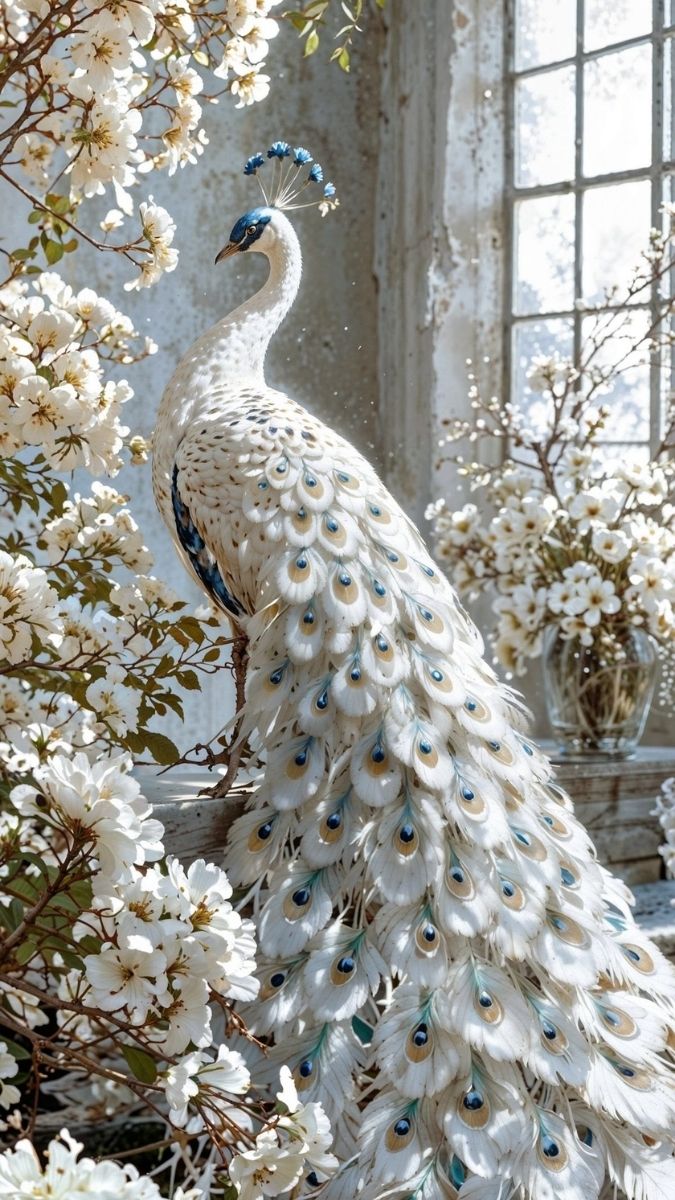 Hình nền khổng tước trắng phối màu xanh đẹp