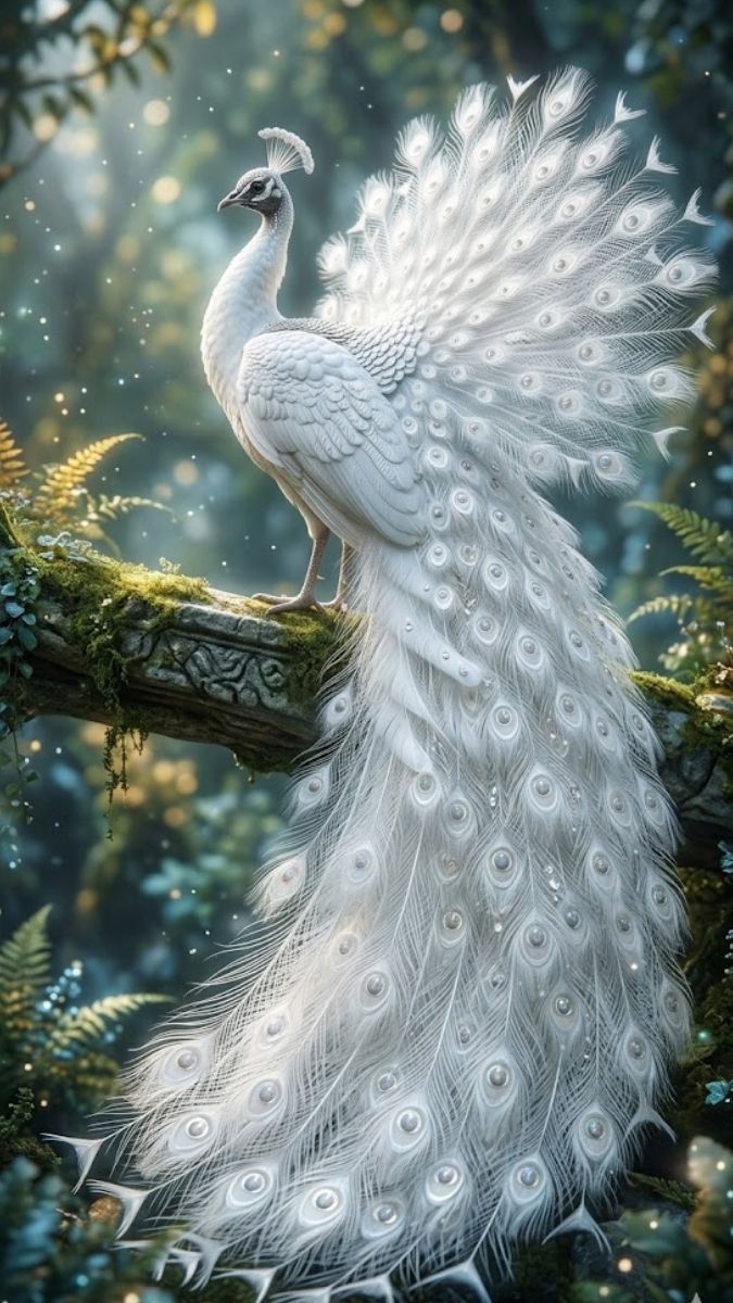 Hình nền khổng tước trắng 3D trên cành cây