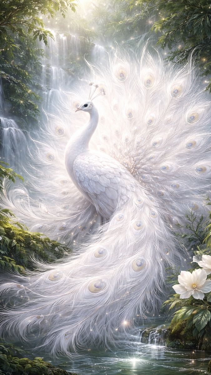 Hình nền khổng tước trắng giữa rừng