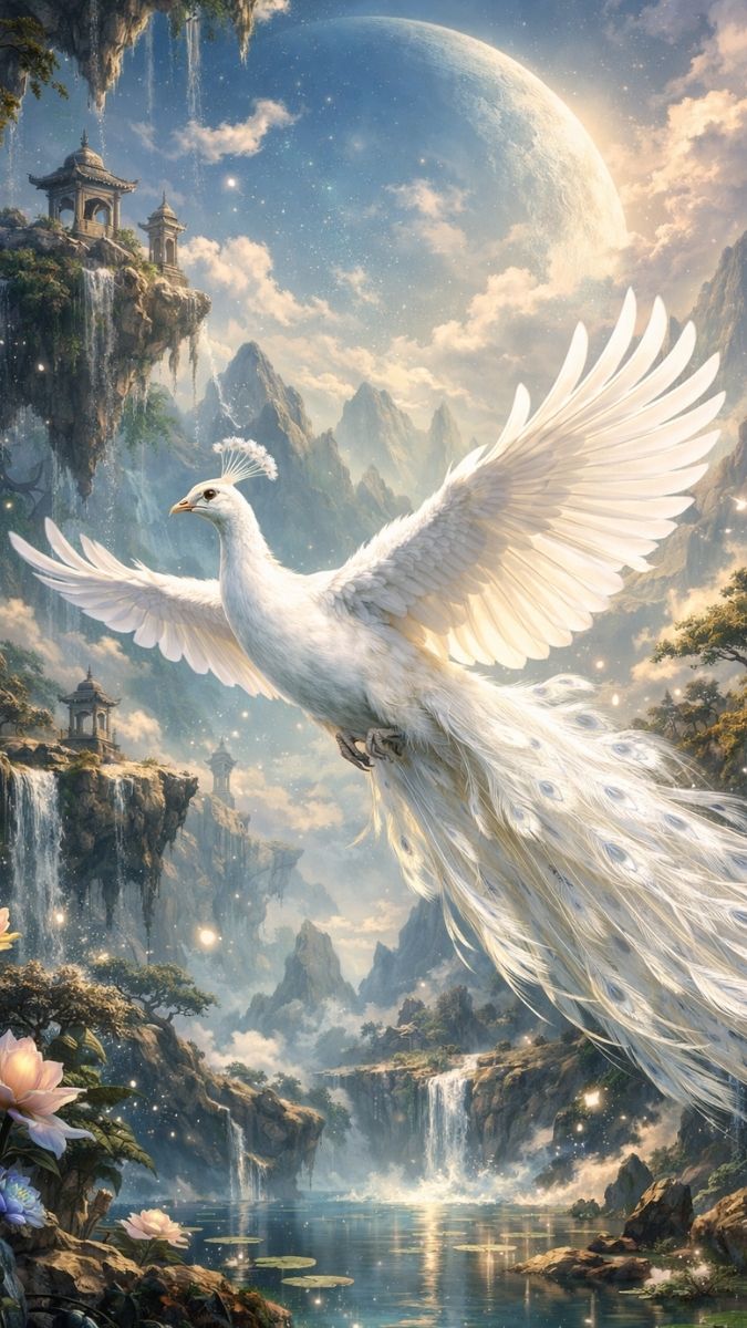 Hình nền khổng tước trắng đang bay tiên khí