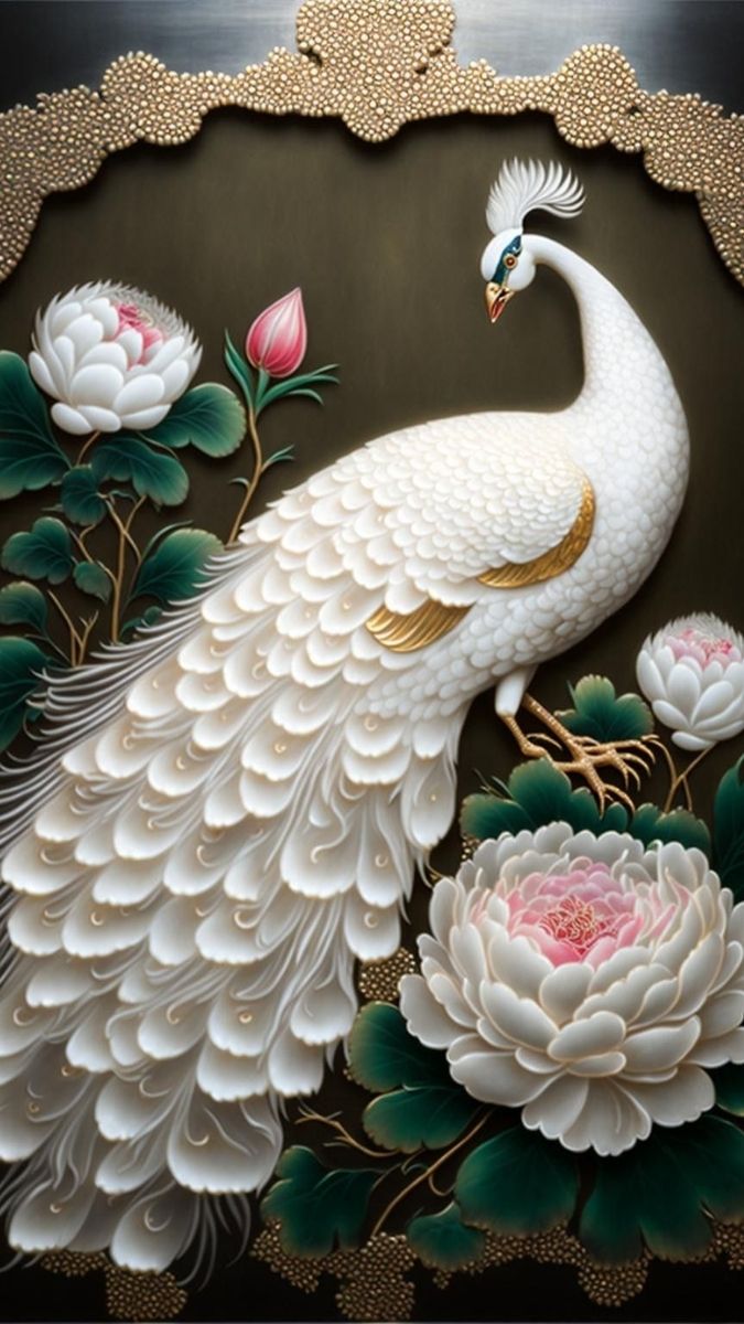 Hình nền khổng tước trắng và bông hoa