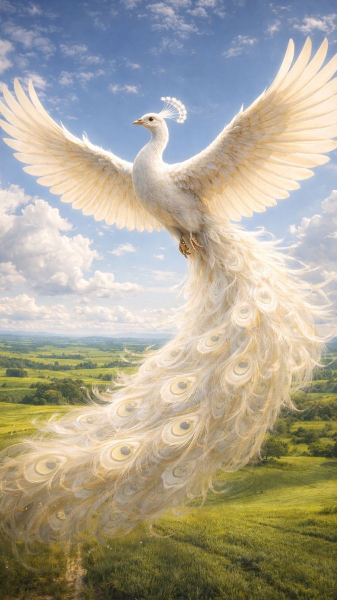 Hình nền khổng tước trắng bay giữa thảo nguyên