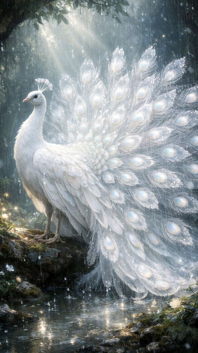 Hình nền khổng tước trắng đứng dưới mưa