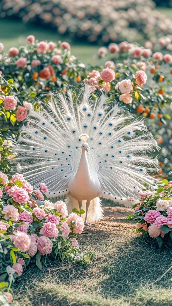 Hình nền khổng tước trắng giữa vườn hoa