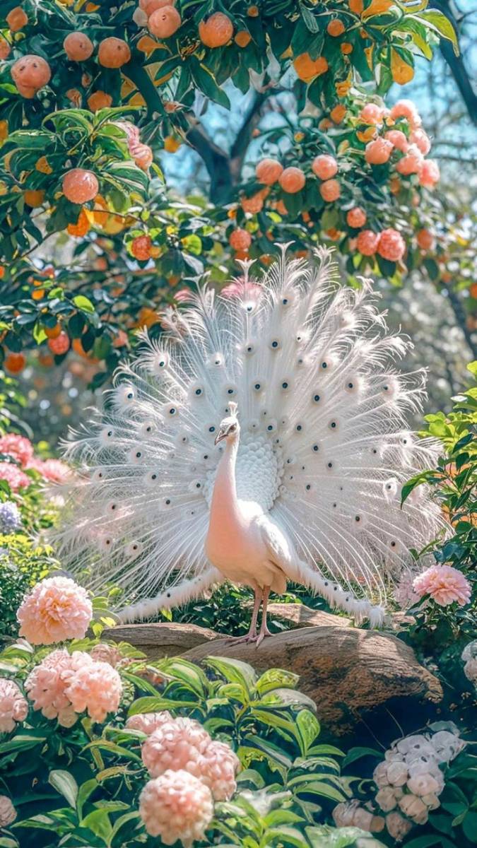 Hình nền khổng tước trắng đẹp với hoa