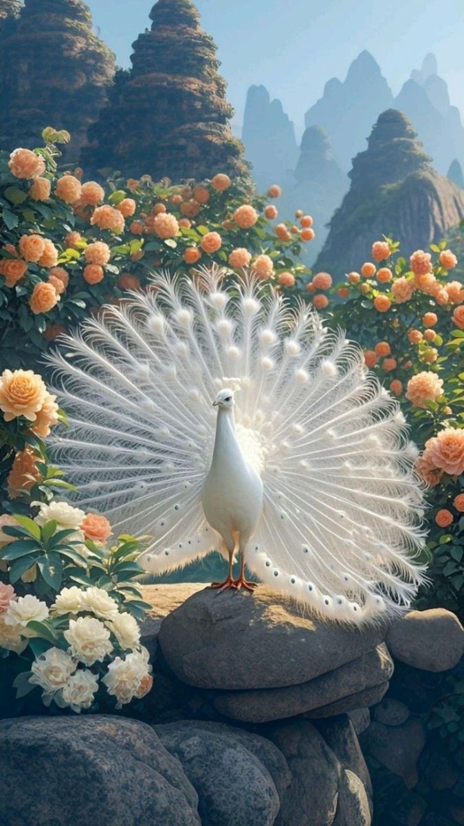 Hình nền khổng tước trắng xòe đuôi với hoa