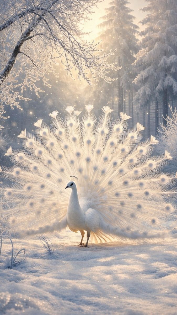 Hình nền khổng tước trắng giữa tuyết