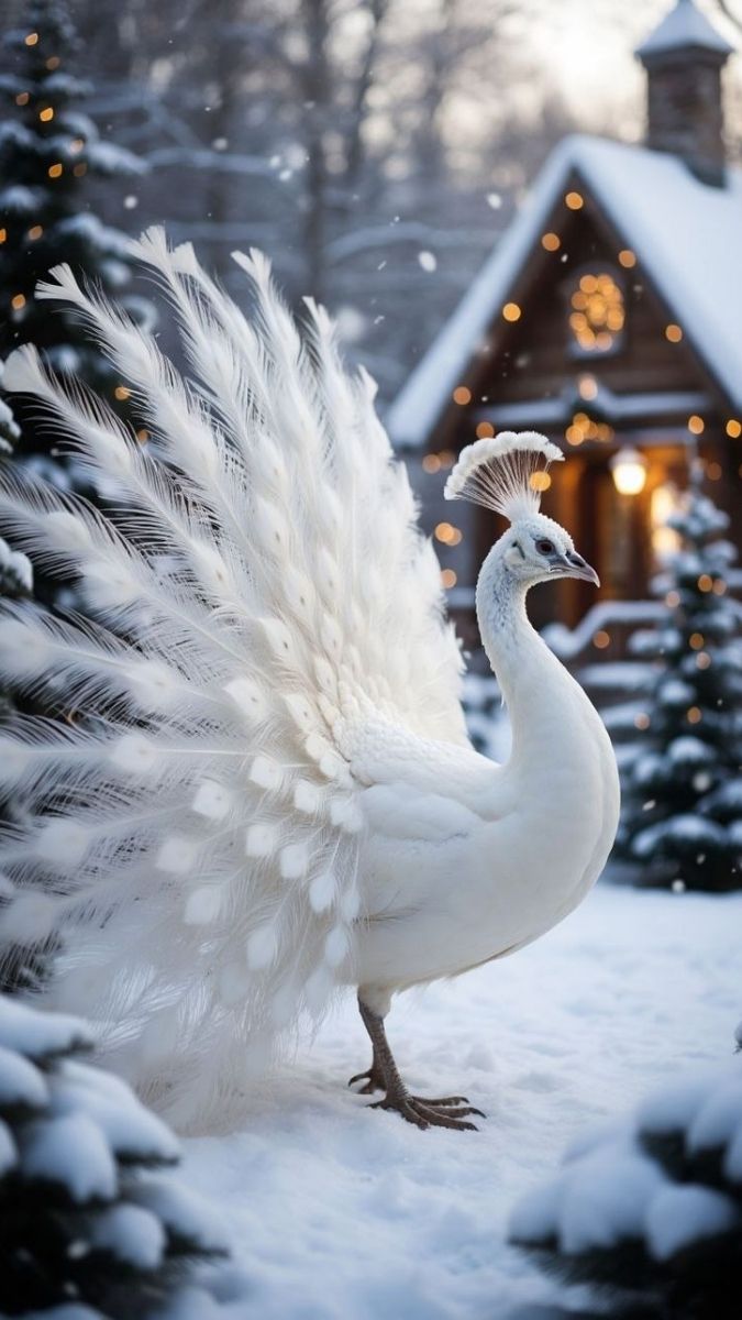 Hình nền khổng tước trắng đi dưới tuyết