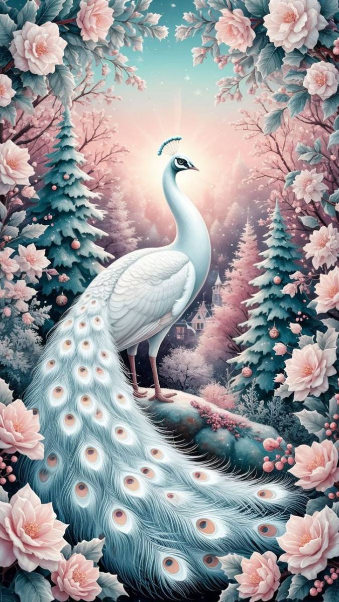 Hình nền khổng tước trắng và các đóa hoa