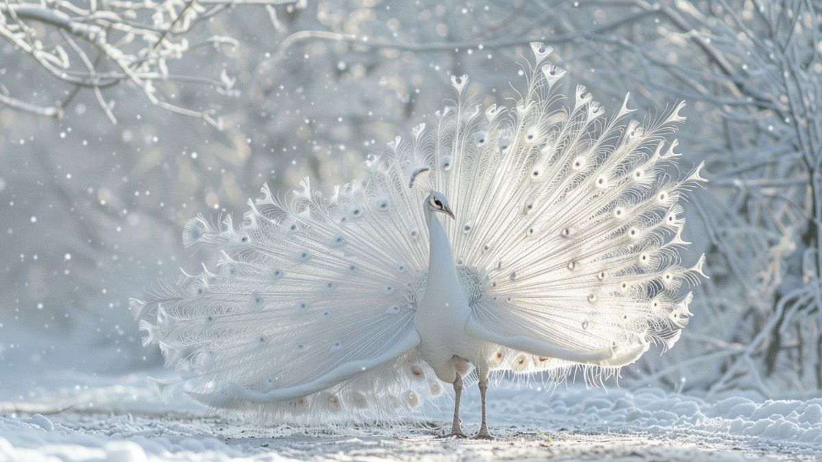 Hình nền khổng tước trắng ấn tượng giữa tuyết