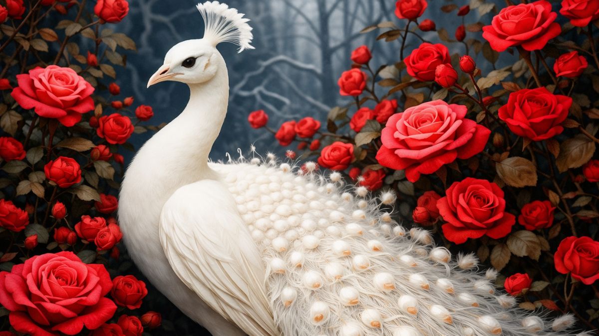 Hình nền khổng tước trắng giữa rừng hồng