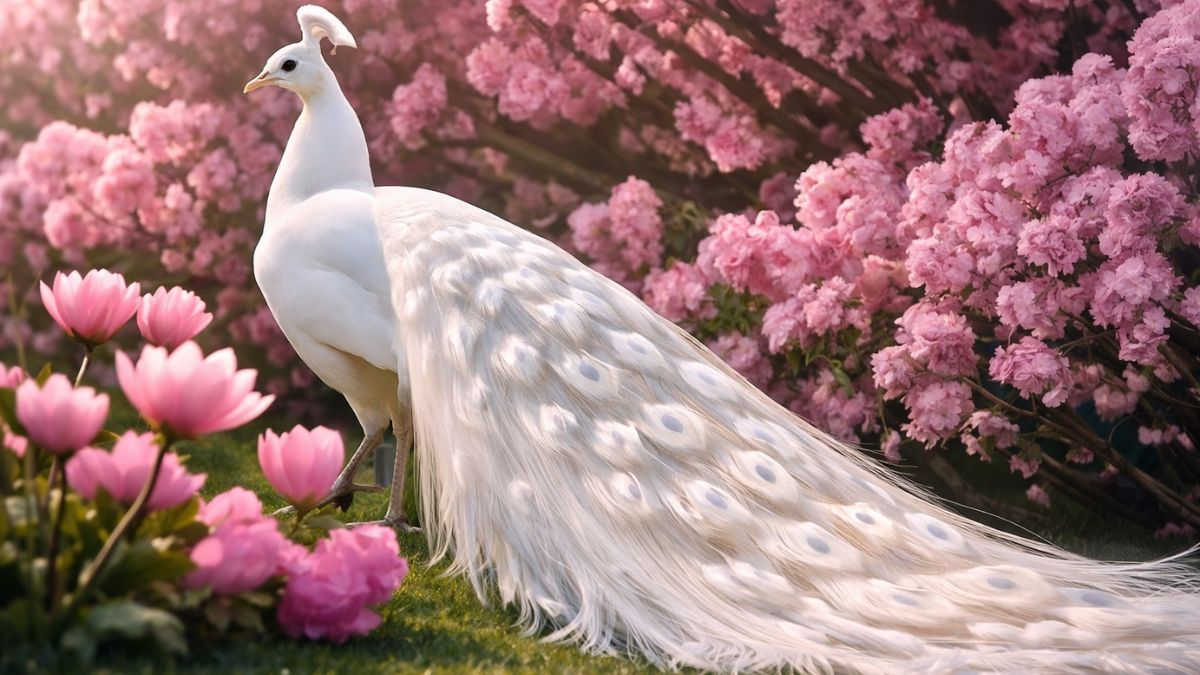 Hình nền khổng tước trắng đẹp đi giữa rừng hoa màu hồng