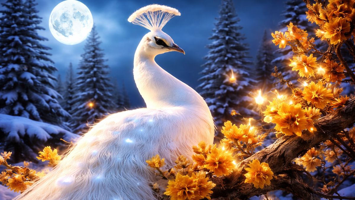 Hình nền khổng tước trắng dưới ánh trăng