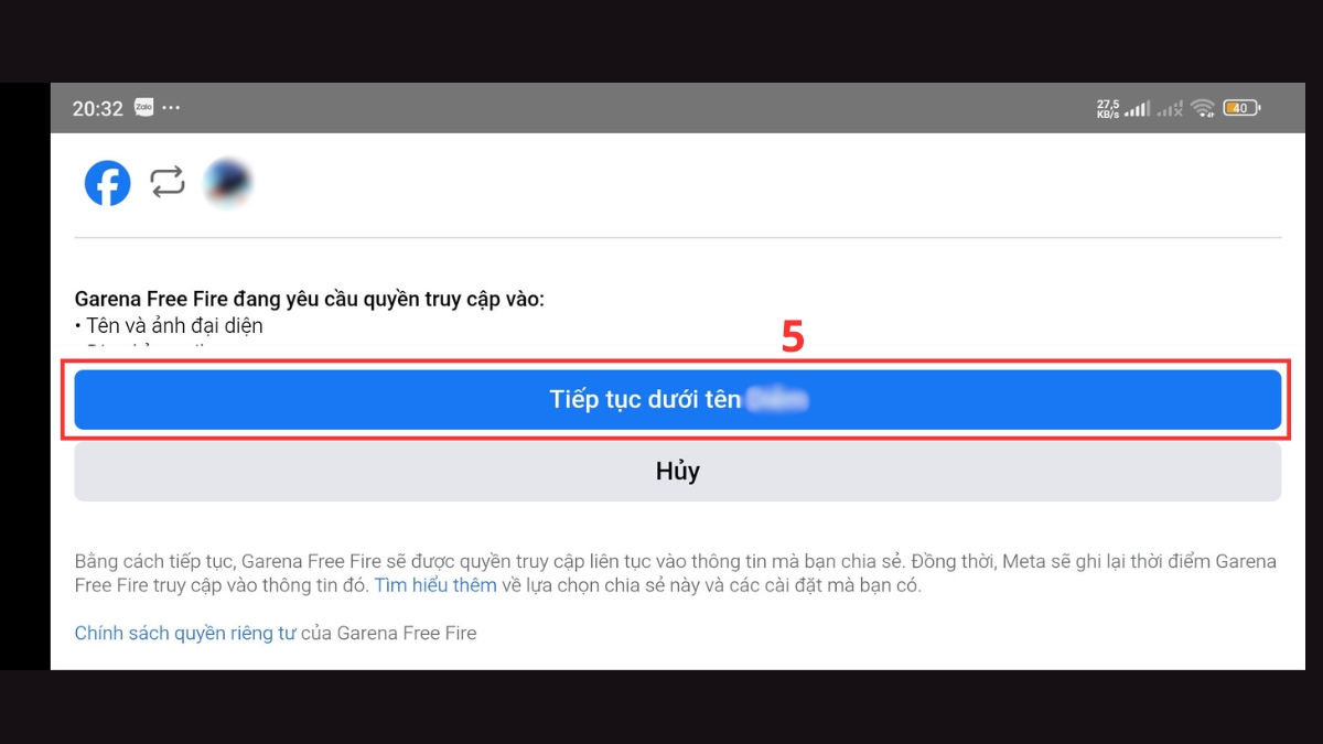 Cách tạo acc Free Fire - Liên kết tài khoản Facebook bước 4