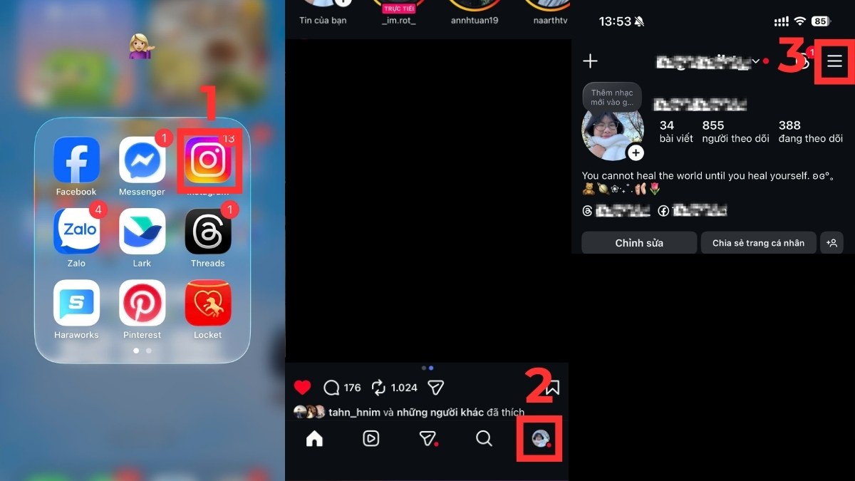 Cách ẩn lượt thích trên Instagram cho tất cả các bài viết bước 1, 2, 3